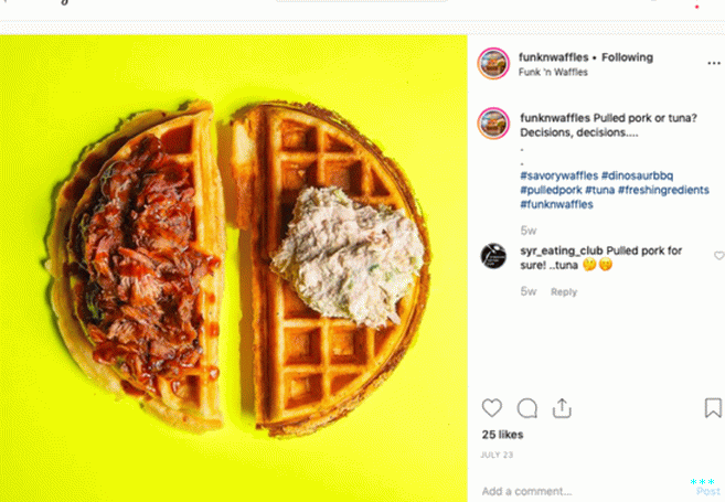 Waffle inspiration can come from anywhere—in this case, Syracuse, New York.  Beloved cafe Funk n' Waffles offers your choice of savory waffles, such as pulled pork- or tuna-topped.