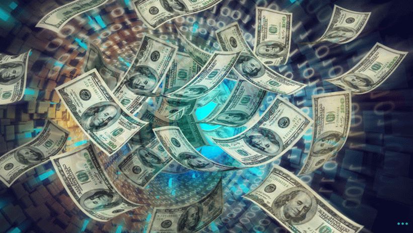 Ilustrace 100 $ dolarových bankovek, které jsou nasávány do širokopásmové sítě.